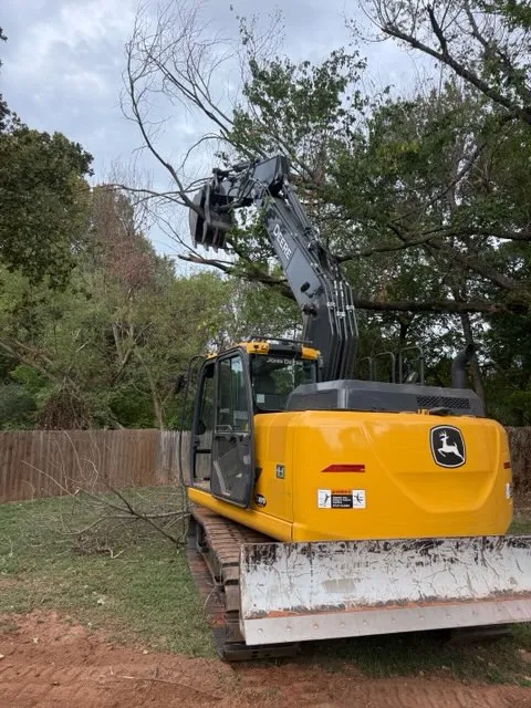 Excavator pulling a limb on a cleanup job